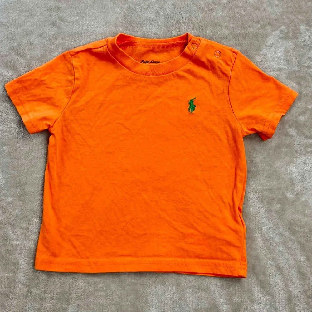 EUC Ralph Lauren Orange Cotton Short Sleeve T-Shirt Baby Boys 9M Snap Shoulder
